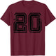 Number #20 Black Sports Retro Number T-Shirt - T-Shirt | Maroon