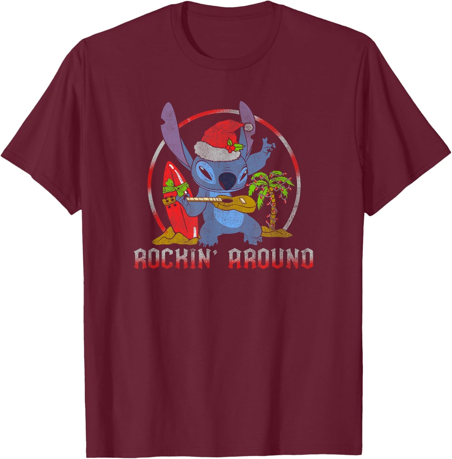 Disney Lilo & Stitch Christmas Rockin' Around Music T-Shirt - T-Shirt | Maroon