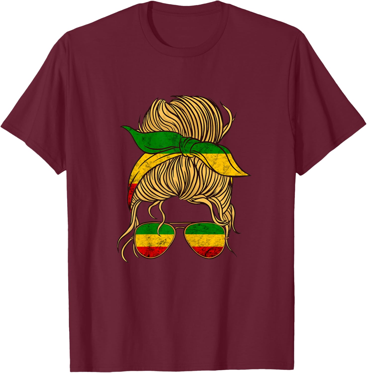 Rasta Reggae Messy Bun Hair Jamaica Hippie Rastafari T-Shirt - T-Shirt | Maroon