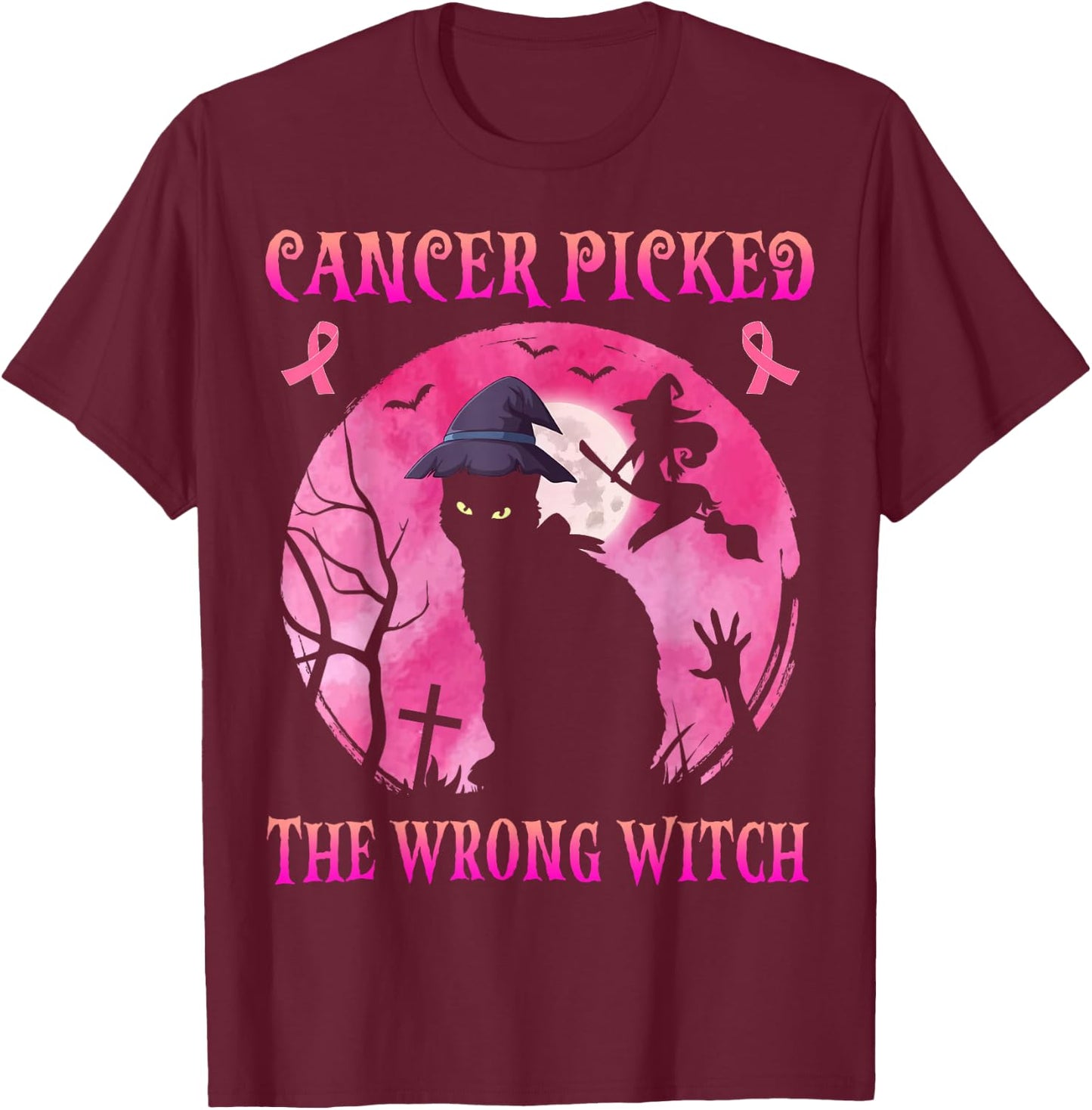 Cancer Picked The Wrong Witch Breast Cancer Halloween Cat T-Shirt - T-Shirt | Maroon