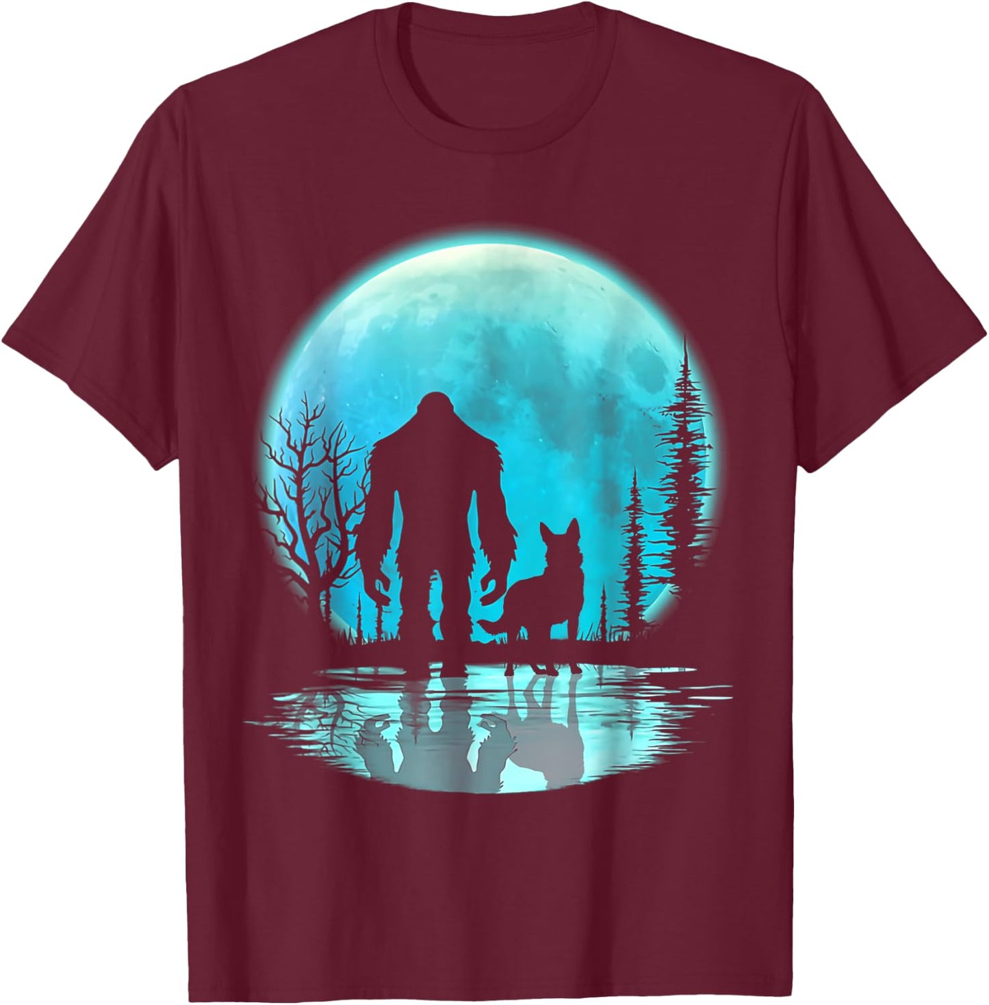 Bigfoot German Shepherd Dog Walk Moon and Darkness T-Shirt - T-Shirt | Maroon