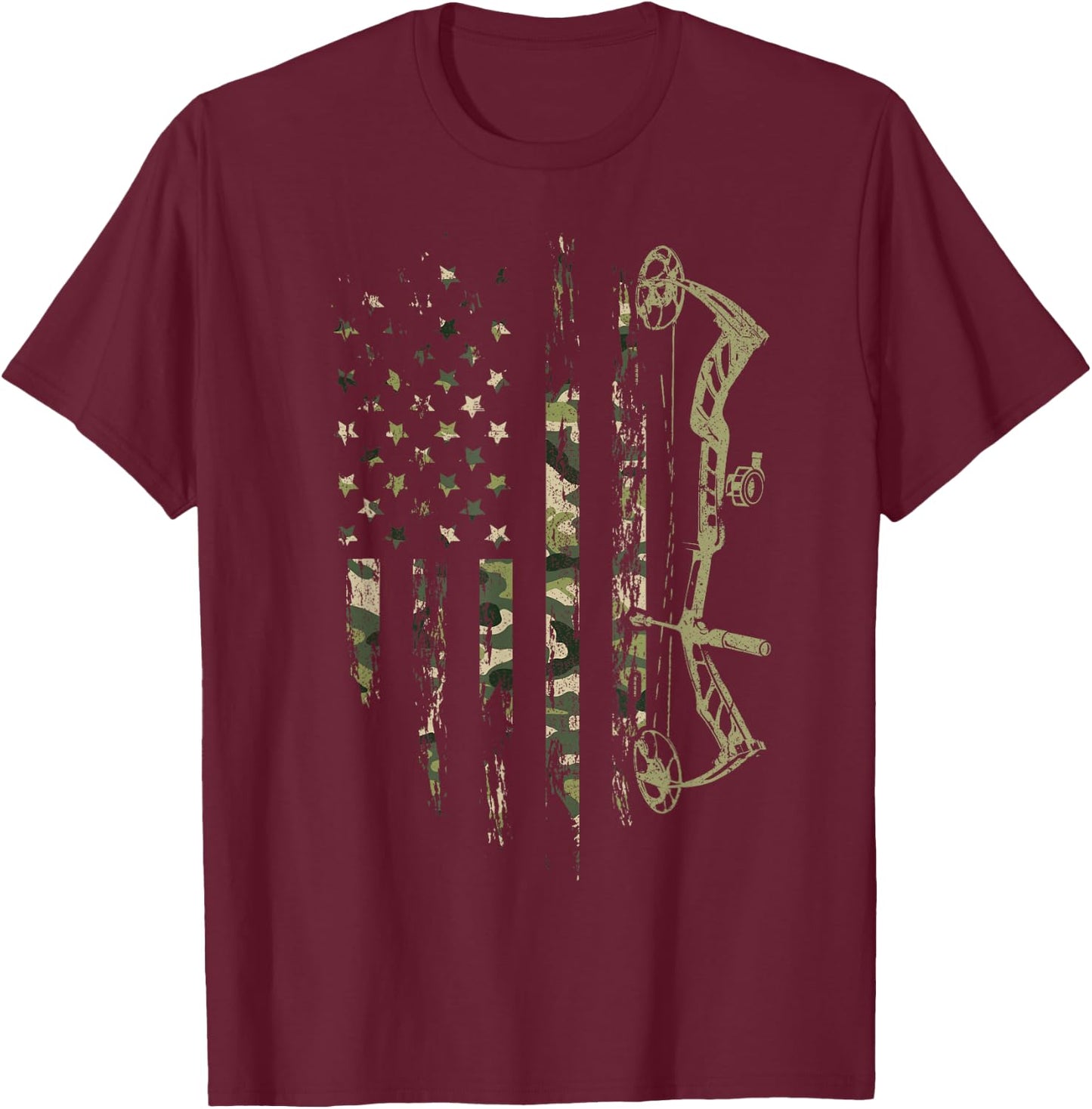 Camo American Flag Bowhunting Bow Archery Deer Hunting Gift T-Shirt - T-Shirt | Maroon