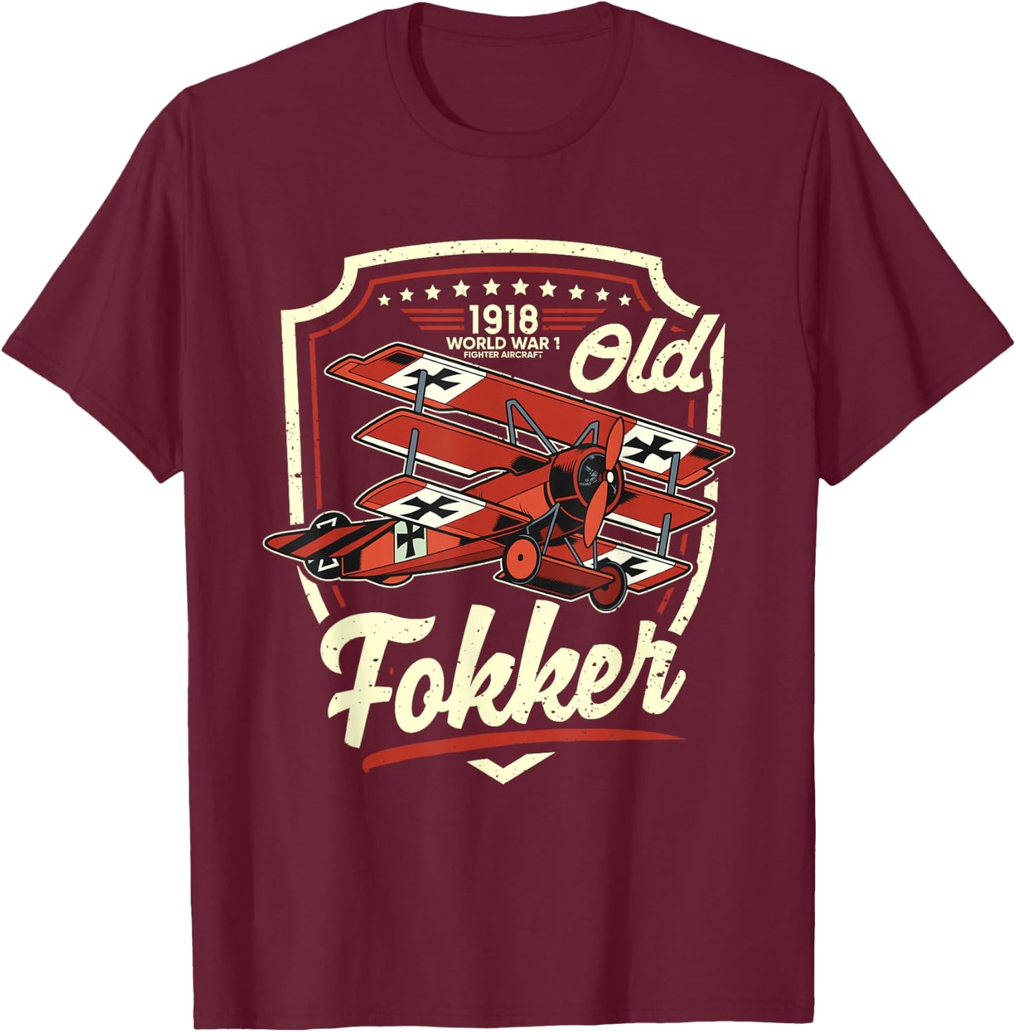 Old Fokker WW1 Shirt WW1 Plane Shirt German Fokker T-Shirt - T-Shirt | Maroon