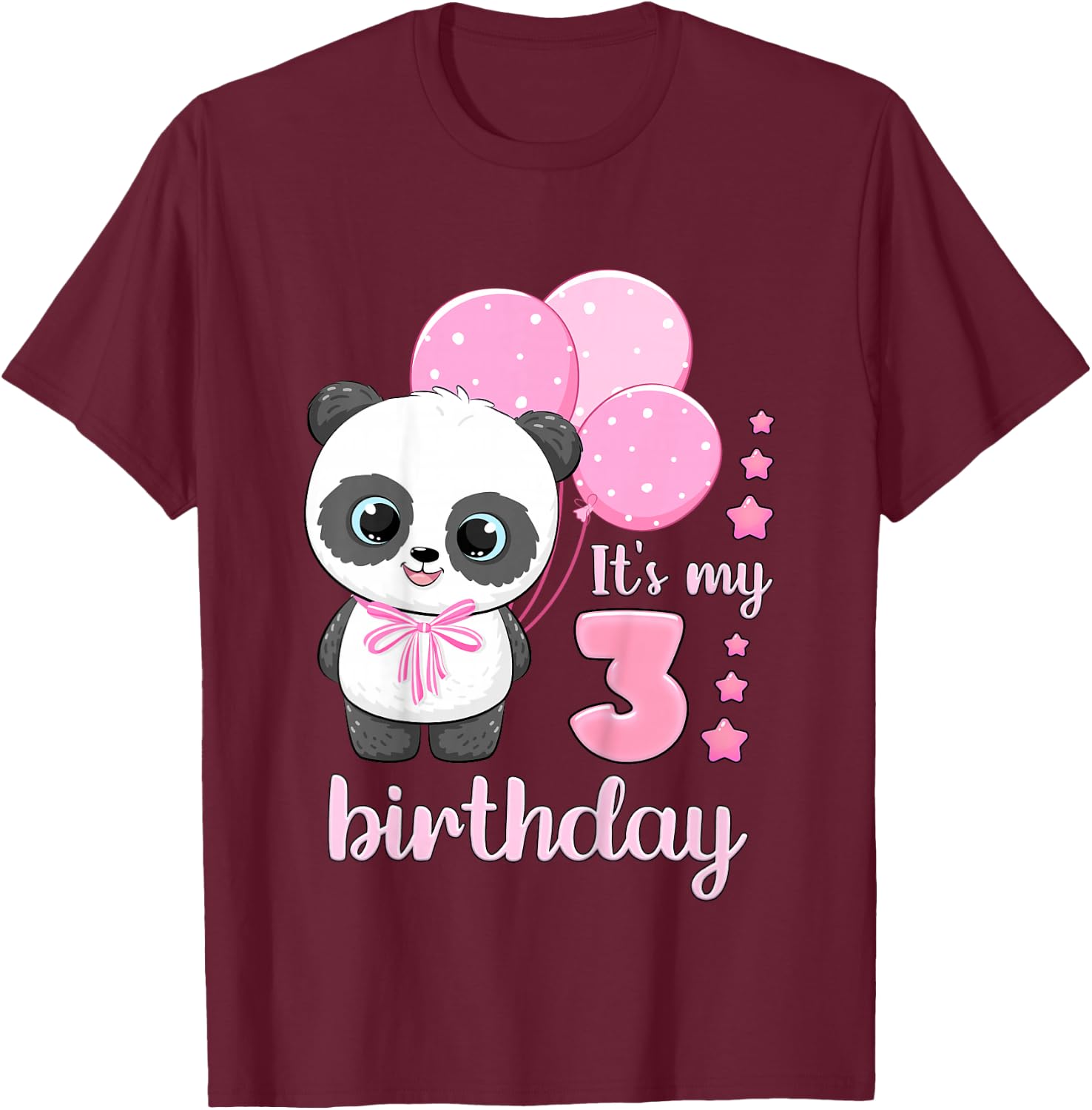 Birthday Girl 3 Panda Pink Balloons T-Shirt - T-Shirt | Maroon