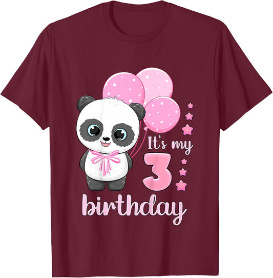Birthday Girl 3 Panda Pink Balloons T-Shirt - T-Shirt | Maroon