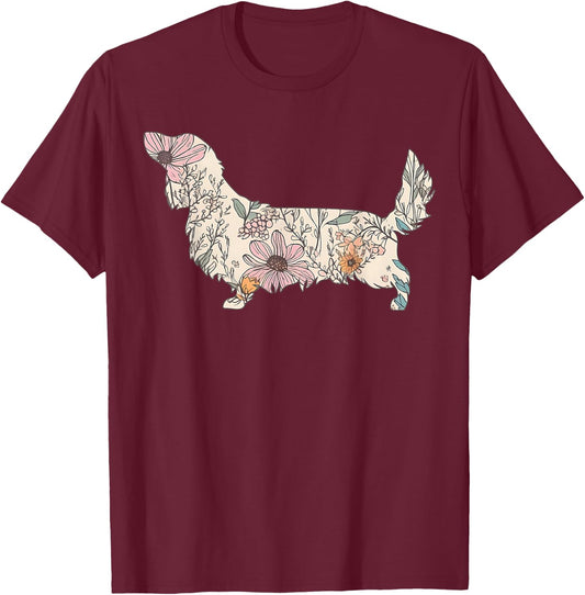Cottagecore Wildflower Dachshund Floral Dog Mom Wiener Dog Women Kids T-Shirt - T-Shirt | Maroon