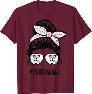 Staffie Mom messy bun hair glasses, Staffordshire Bull T-Shirt - T-Shirt | Maroon