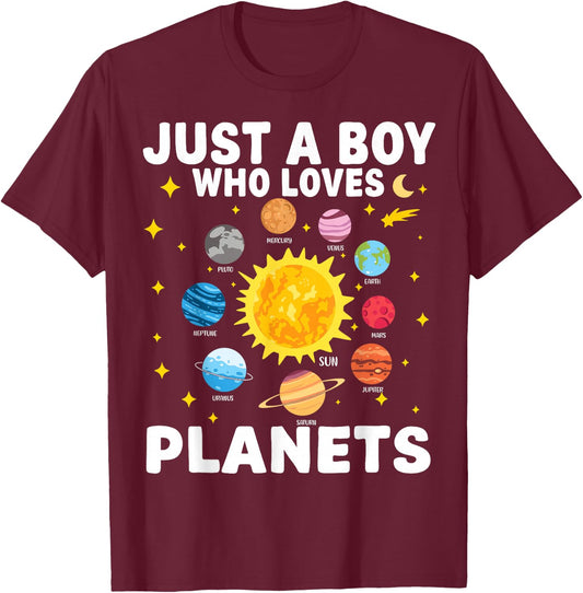 Just A Boy Who Loves Planets Solar System Space Lover Kids T-Shirt - T-Shirt | Maroon