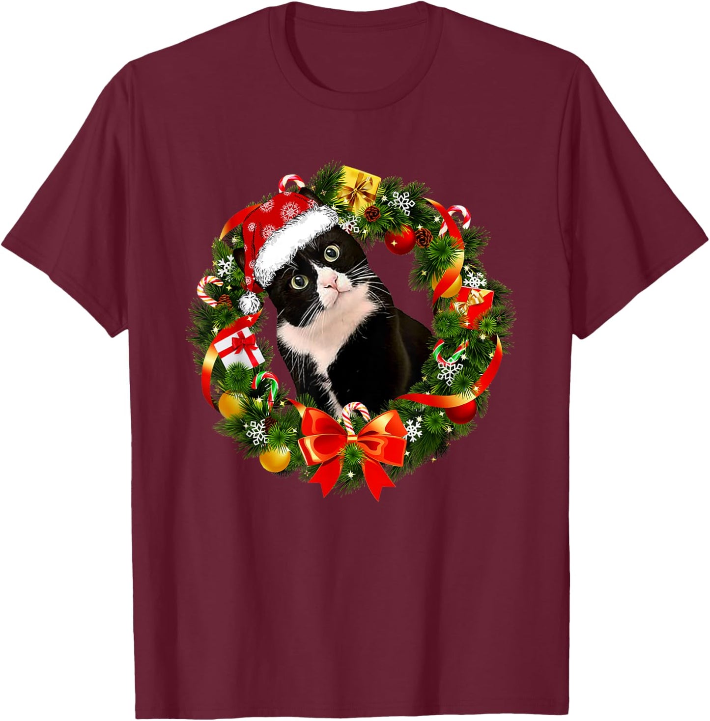 Funny Tuxedo Cat Christmas Wreath Ornament T-Shirt - T-Shirt | Maroon