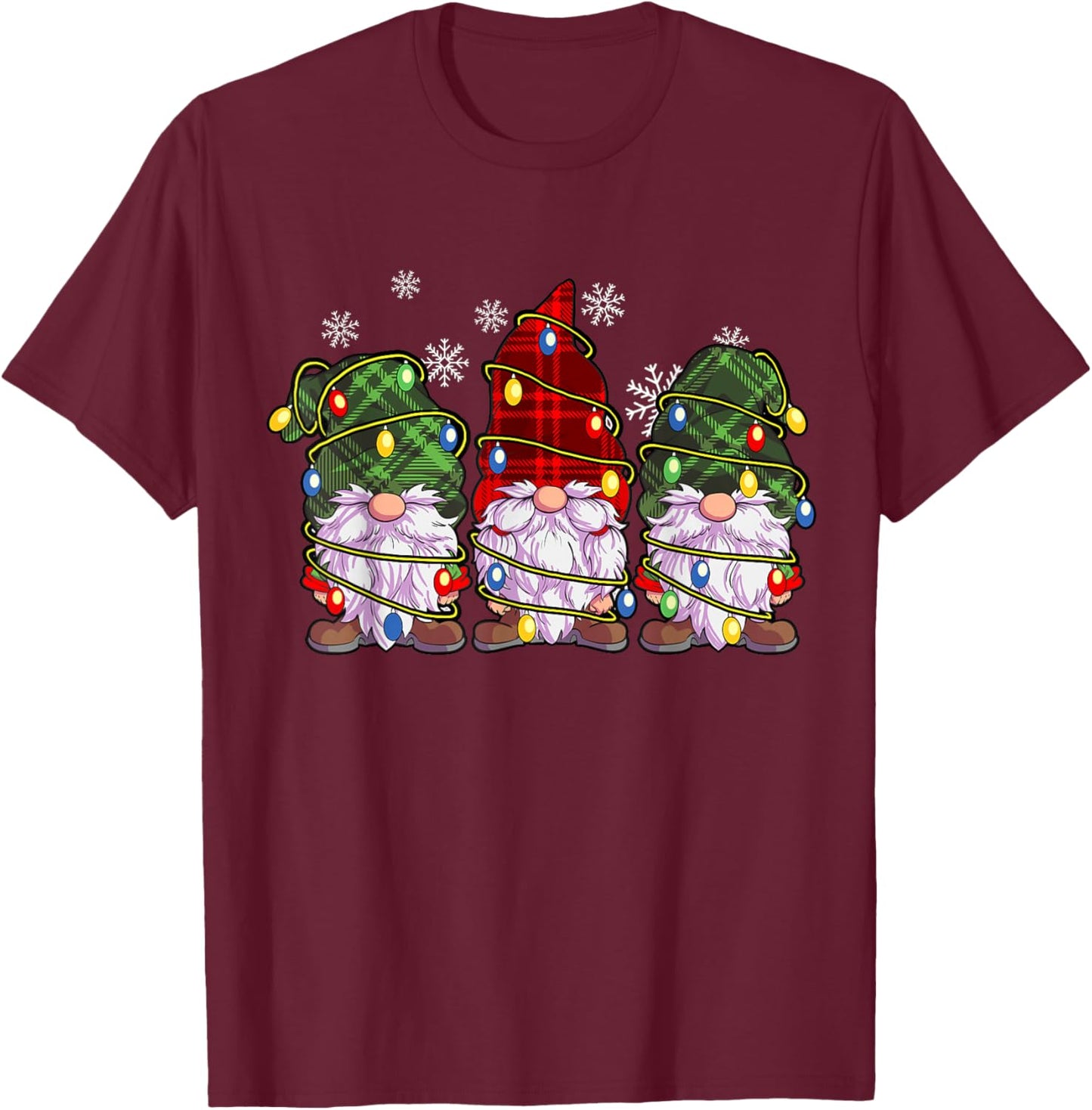 Three Gnomes Men Women Buffalo Plaid Red Christmas T-Shirt - T-Shirt | Maroon