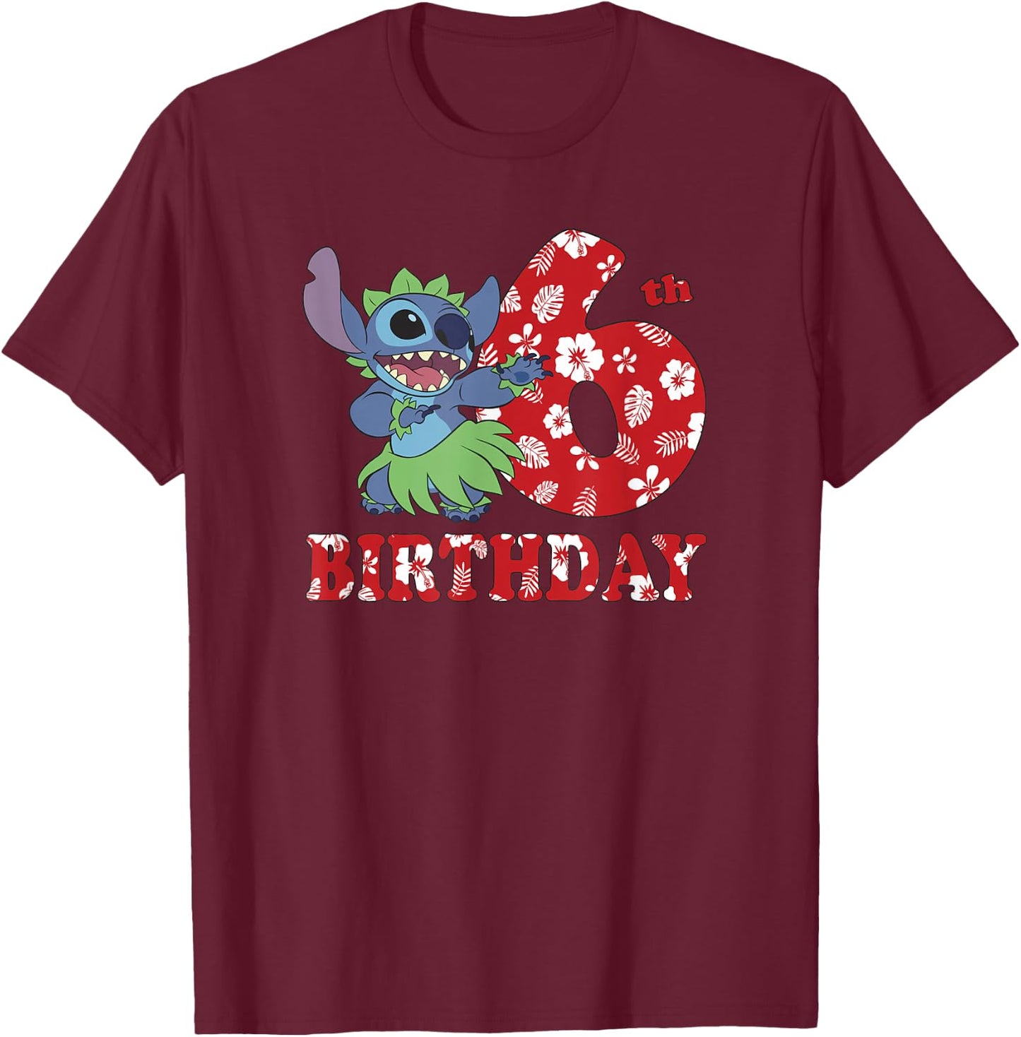 Disney Lilo & Stitch 6th Birthday Stitch Hula Dancer T-Shirt - T-Shirt | Maroon