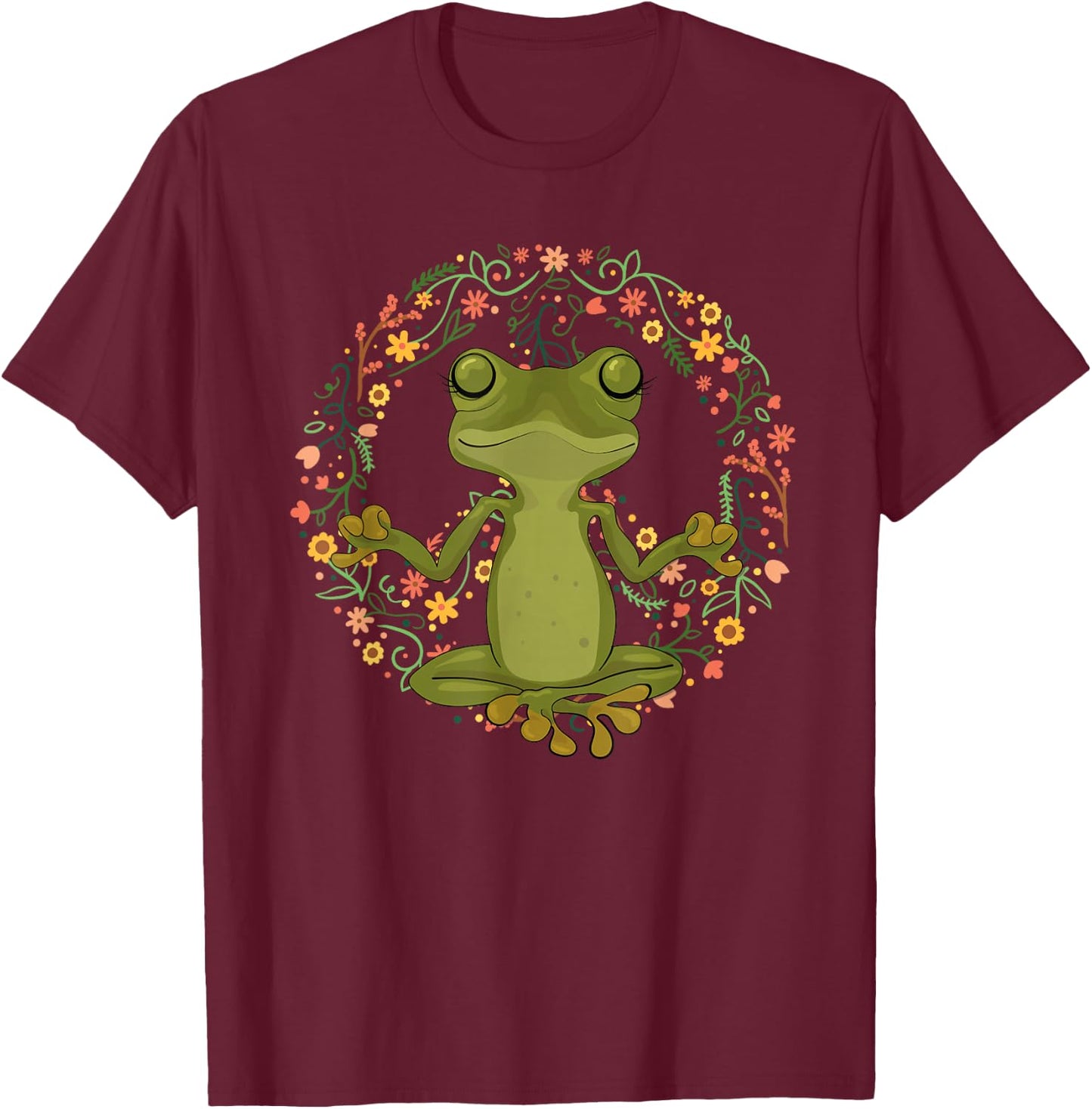 Peace Sign Yoga Frogs Cool Peace Frog Floral T-Shirt - T-Shirt | Maroon