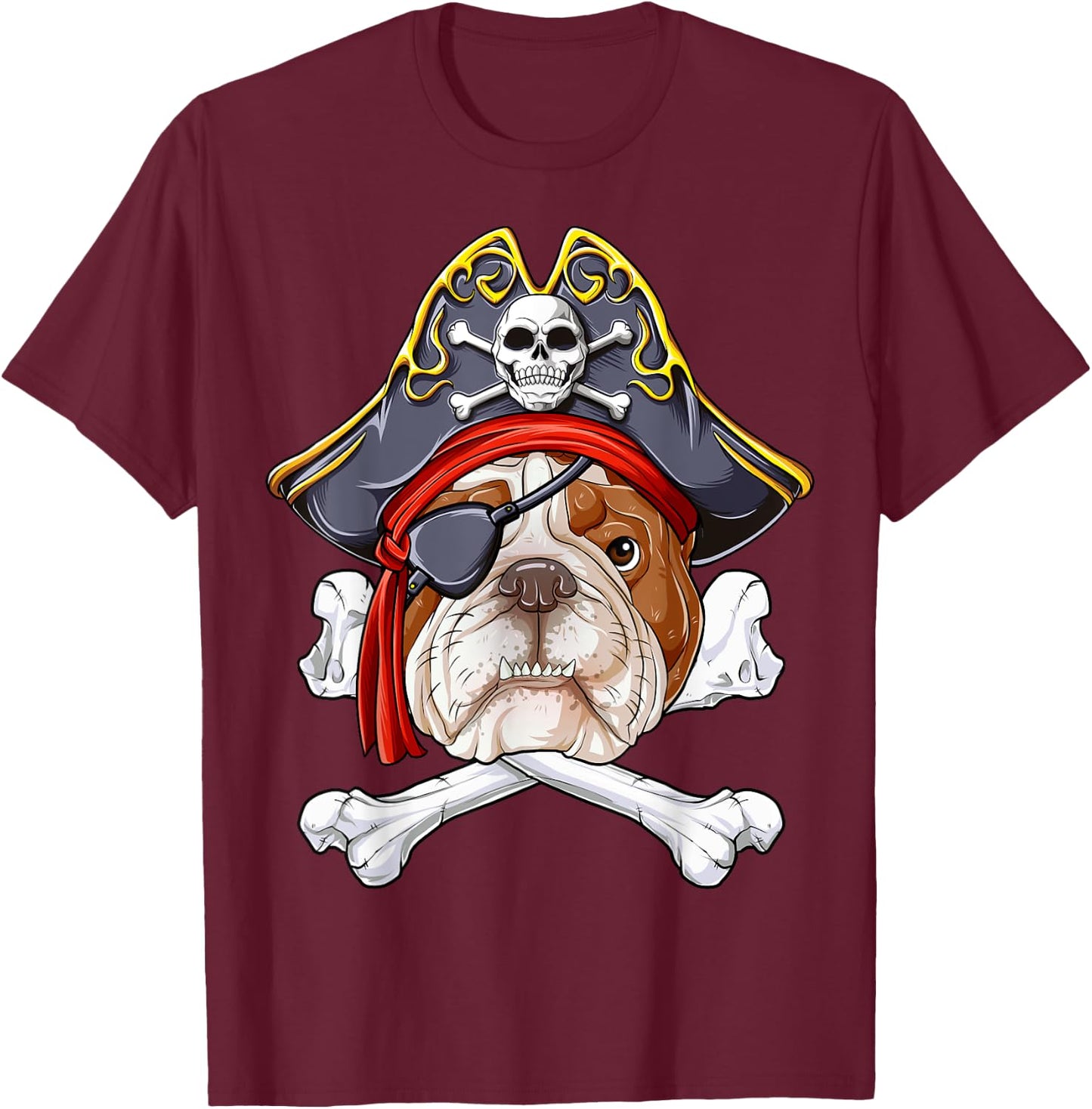 English Bulldog Pirate Jolly Roger Flag Skull Crossbones T-Shirt - T-Shirt | Maroon
