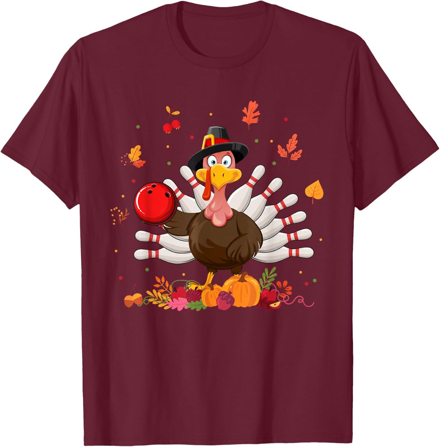 Happy Thanksgiving Turkey Bowling Lover Fall Turkey Autumn T-Shirt - T-Shirt | Maroon