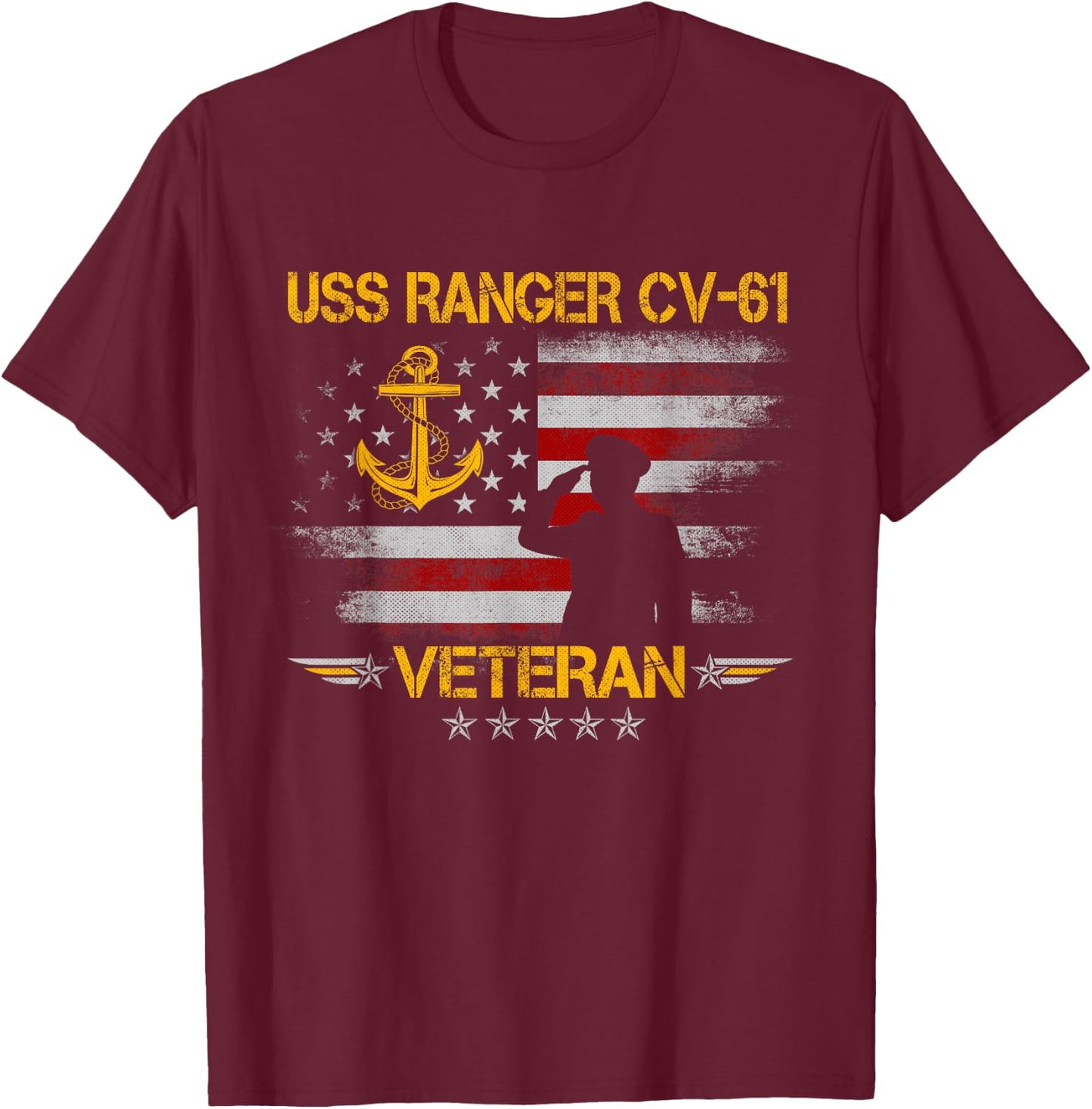 USS Ranger CV-61 Aircraft Carrier Veteran Flag Veterans Day T-Shirt - T-Shirt | Maroon