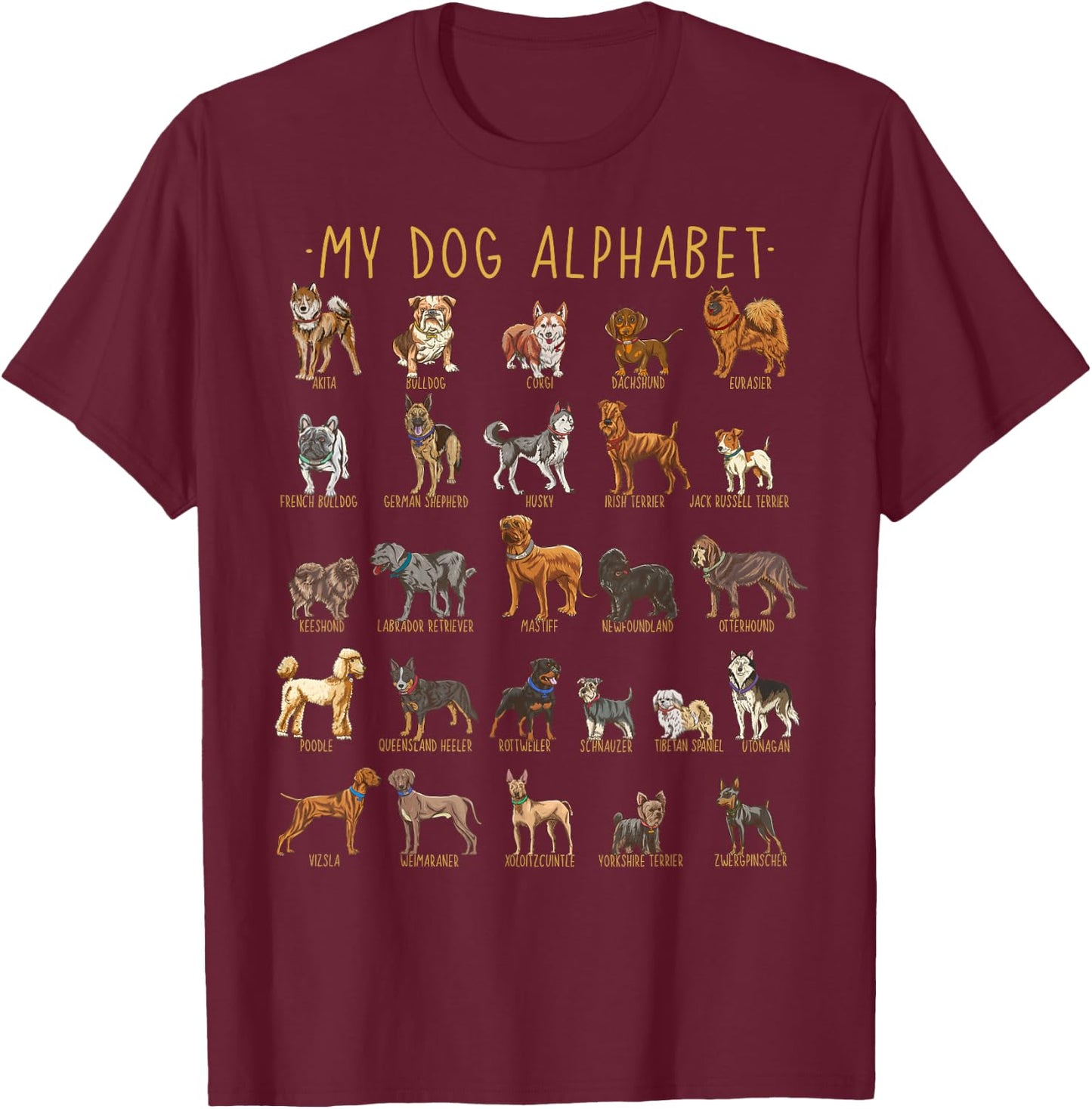 Types Of Dogs Alphabet - Dog Identification - A-Z ABC T-Shirt - T-Shirt | Maroon