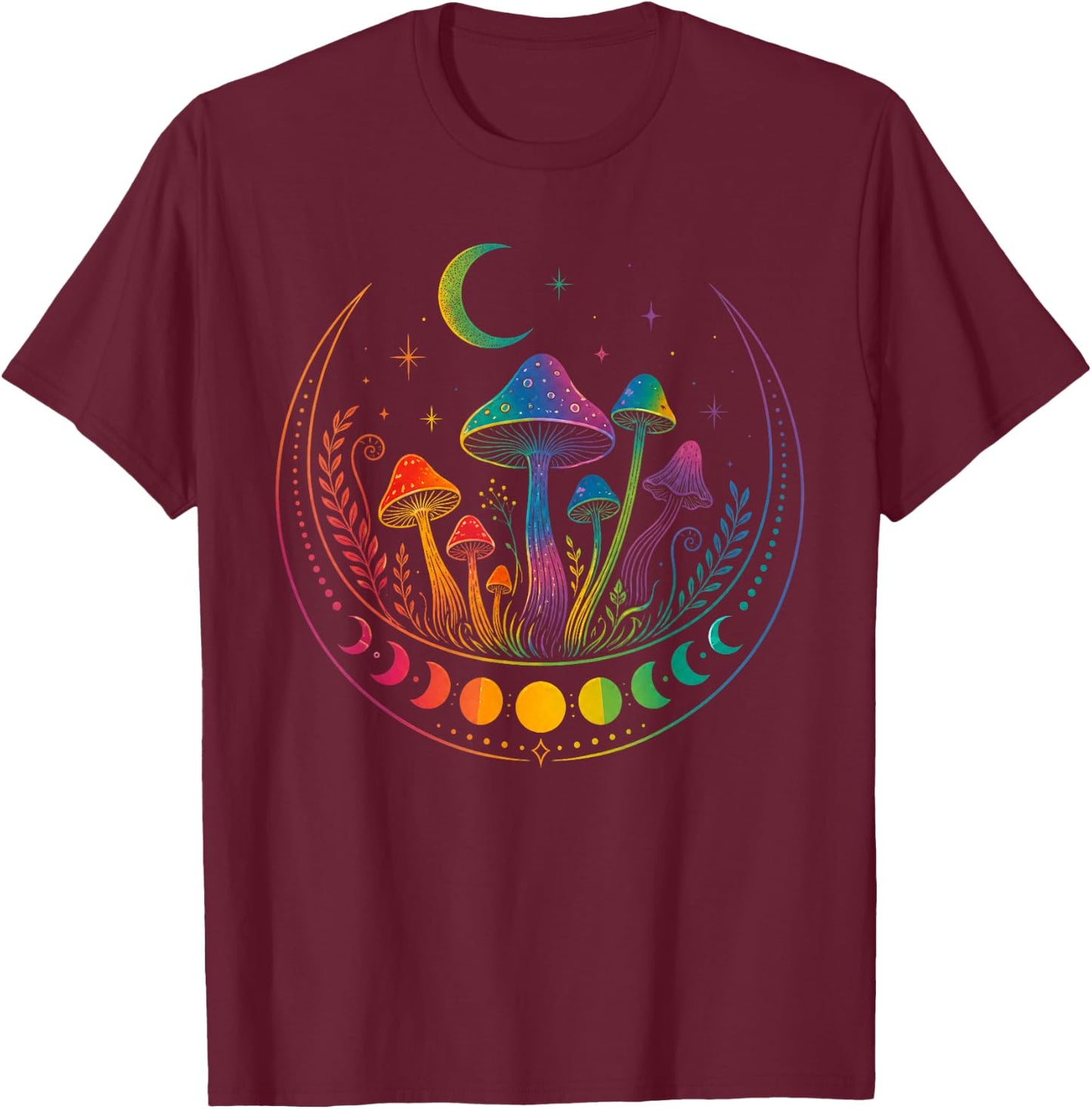 Gay Pride Mushroom Moon Phases LGBT Ally Rainbow Witchy Vibe T-Shirt - T-Shirt | Maroon