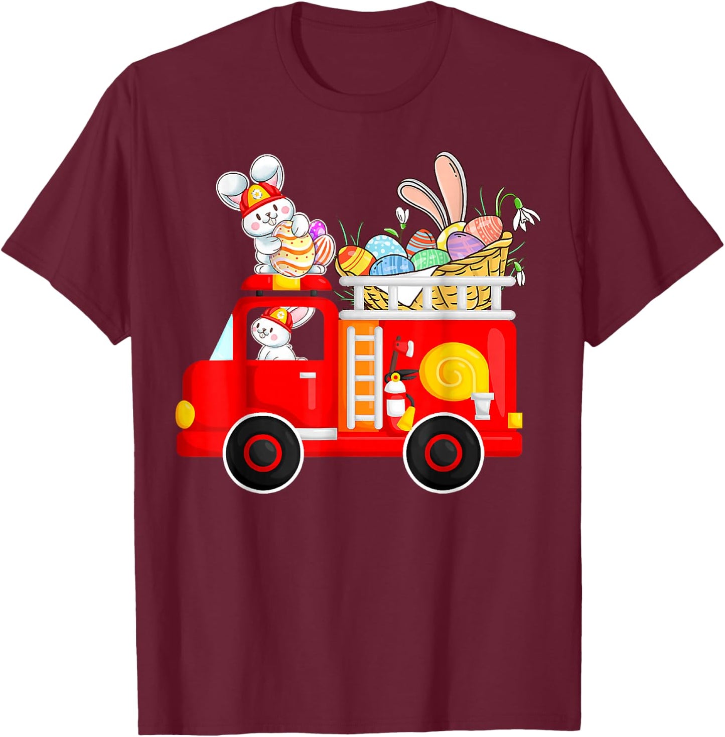 Bunny Riding Firetruck Easter Day Firefighter Happy Easter T-Shirt - T-Shirt | Maroon