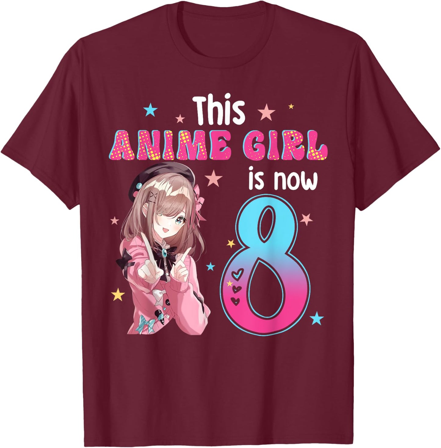 8 Years Old Girl Kawaii Gifts Anime Girl 8th Birthday Kids T-Shirt - T-Shirt | Maroon