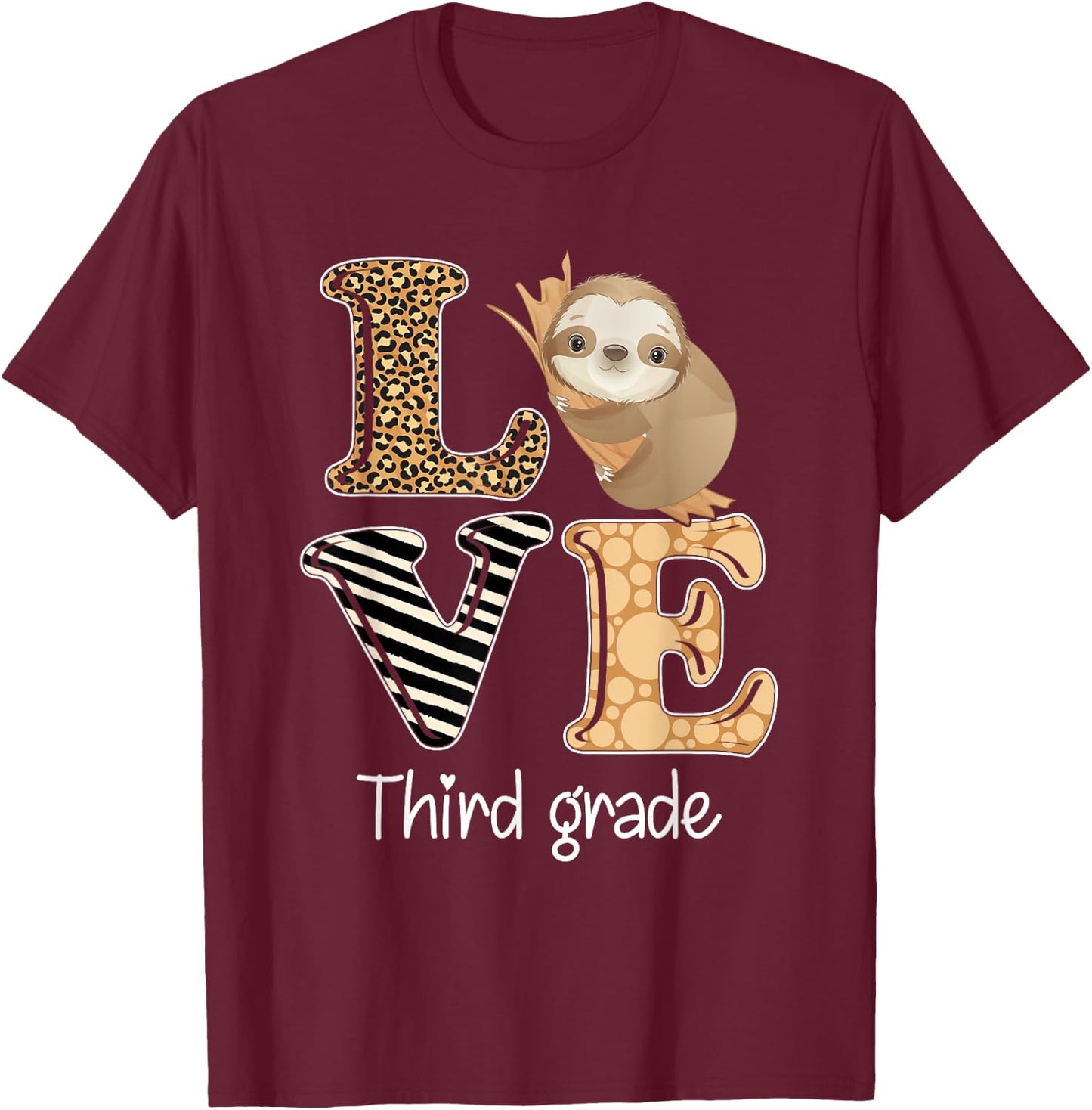 Love Third Grade Sloth 3rd Grade Teacher Back To School T-Shirt - T-Shirt | Maroon