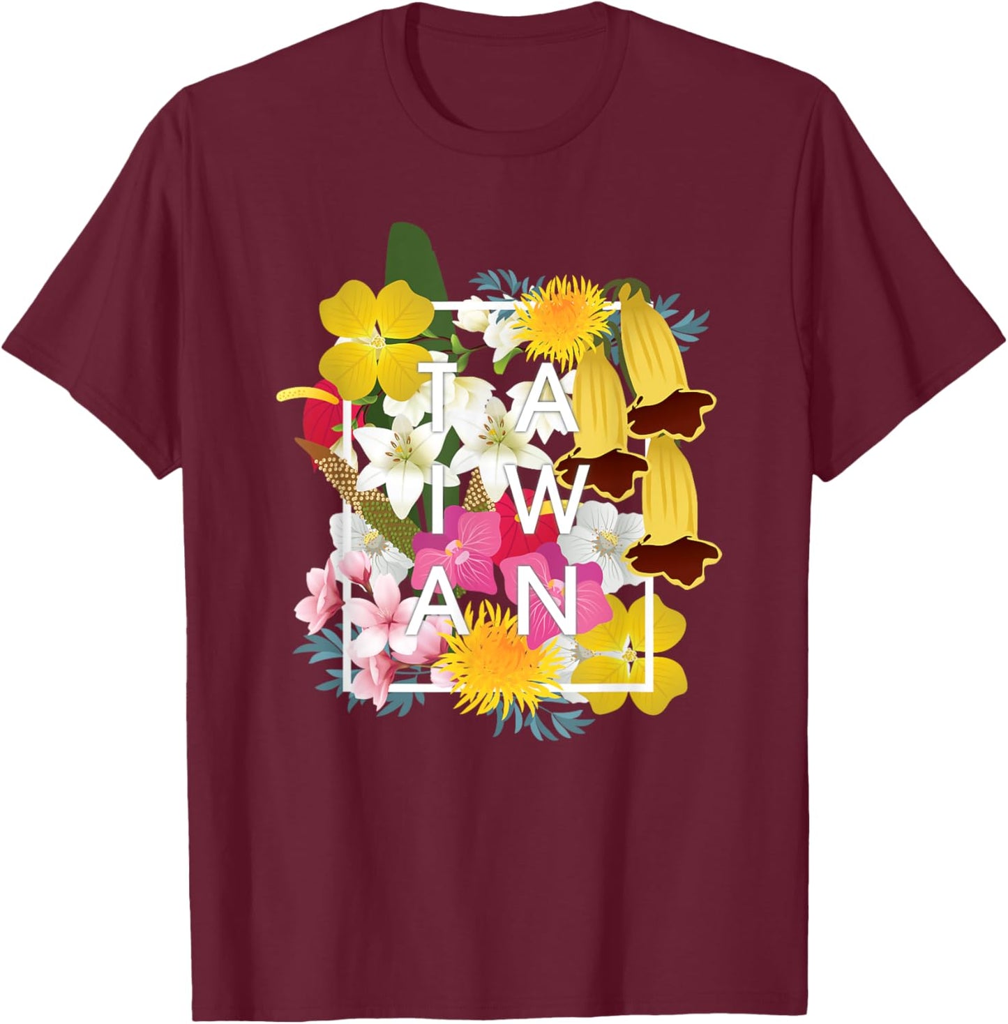Flowers of Taiwan Word Art - Taiwanese Pride T-Shirt - T-Shirt | Maroon