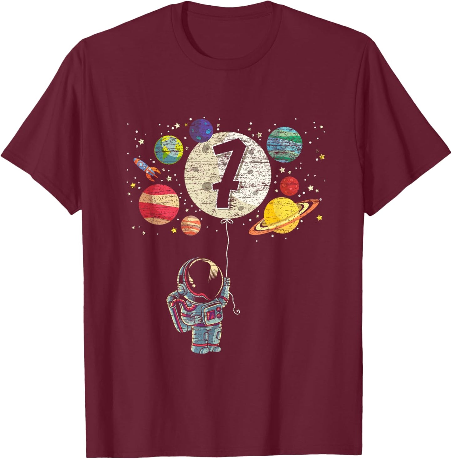 7 Years Old Birthday Boy Gifts Astronaut 7th Birthday T-Shirt - T-Shirt | Maroon
