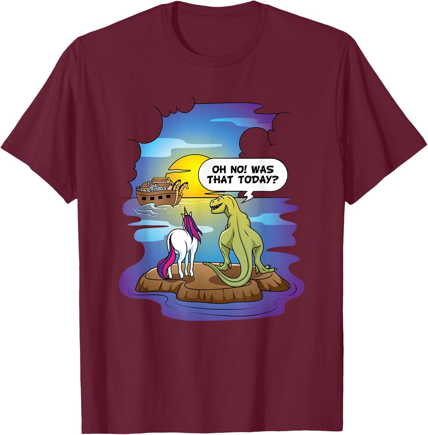 Christian Noah's Ark Bibble Pun Last Unicorn Dinosaur T-Shirt - T-Shirt | Maroon