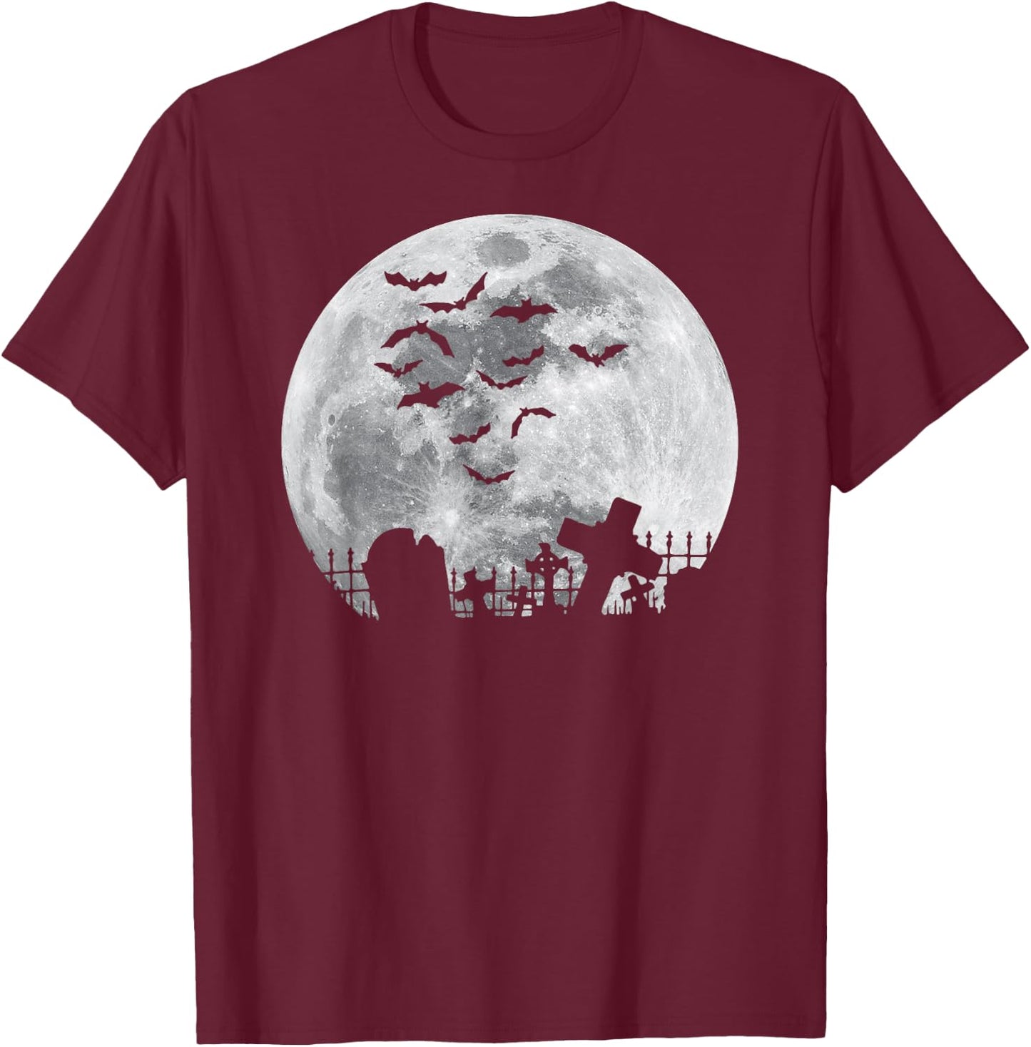 Halloween Full Moon Cemetery Graveyard Spooky Bats Night T-Shirt - T-Shirt | Maroon