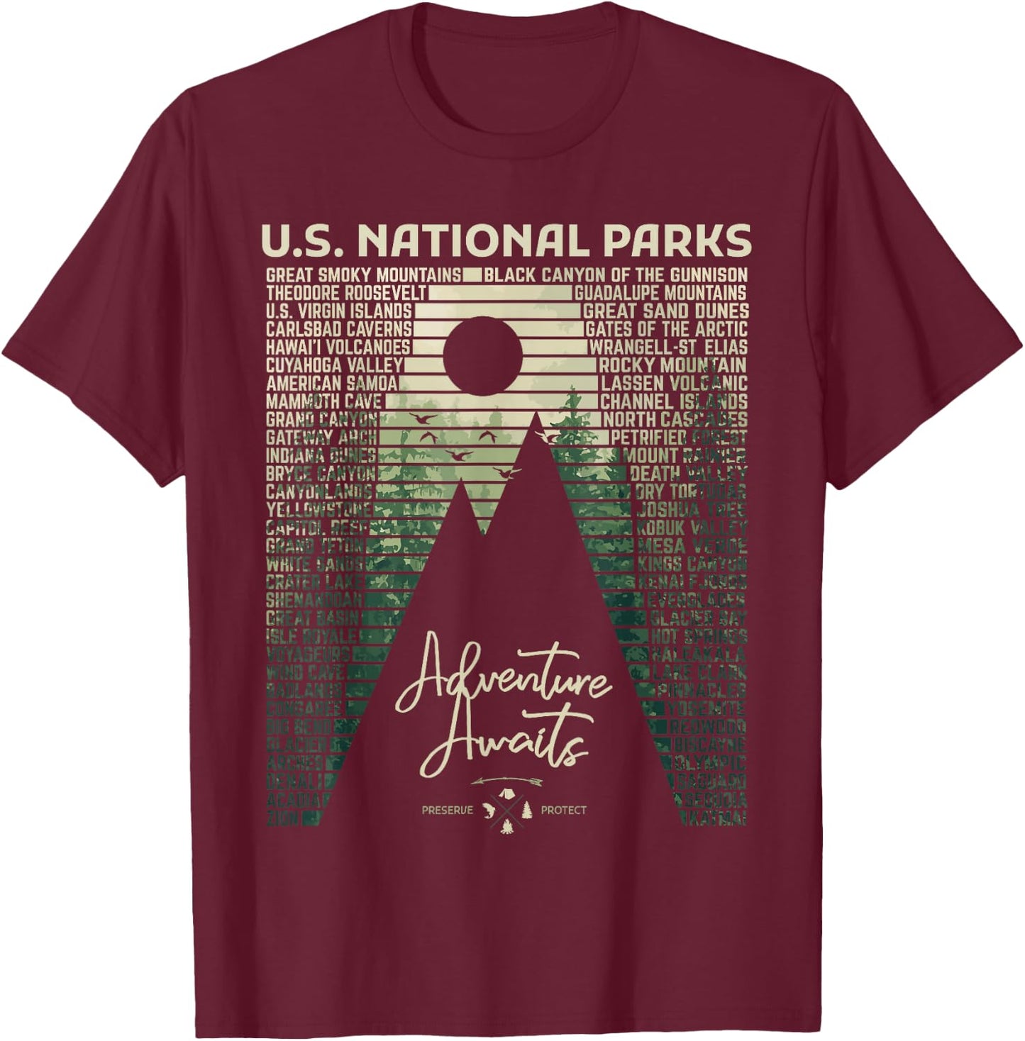 National Parks List US Park Vintage Camping Hiking Men Women T-Shirt - T-Shirt | Maroon