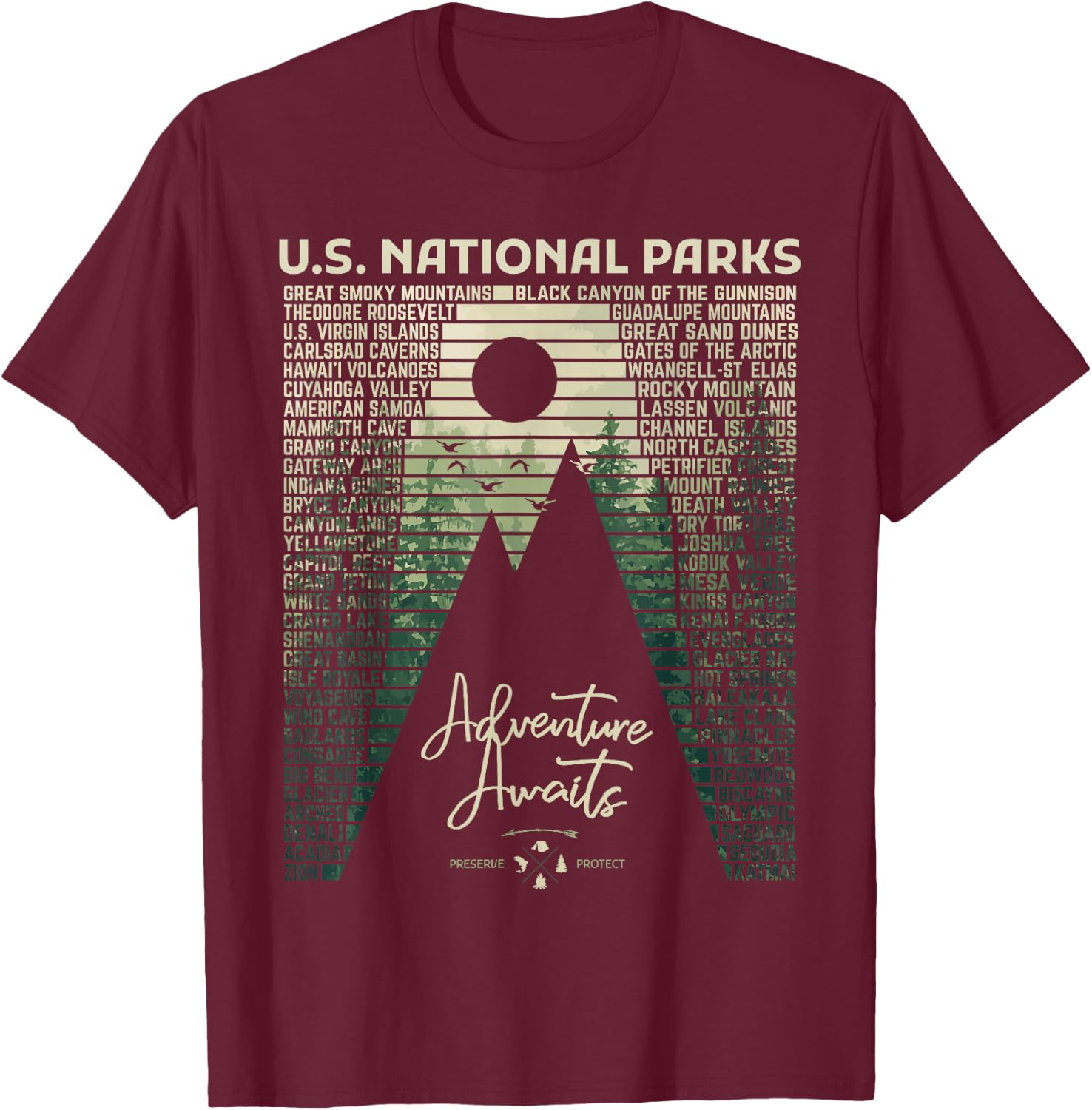 National Parks List US Park Vintage Camping Hiking Men Women T-Shirt - T-Shirt | Maroon