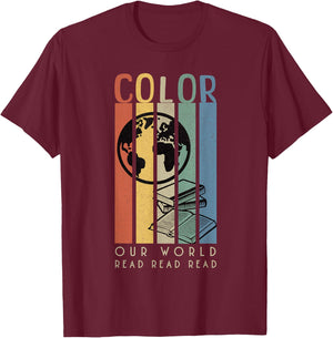 Color Our World READ Globe and Books T-Shirt - T-Shirt | Maroon
