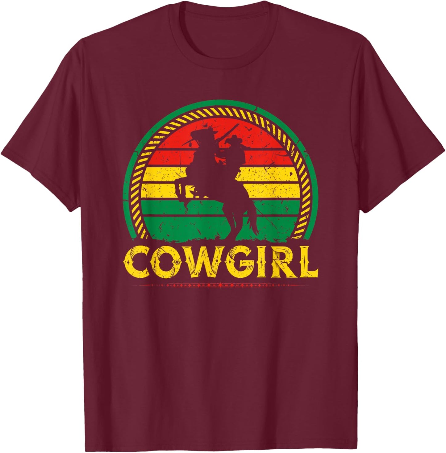 African American Cowgirl Sunset Bucking Horse Country T-Shirt - T-Shirt | Maroon