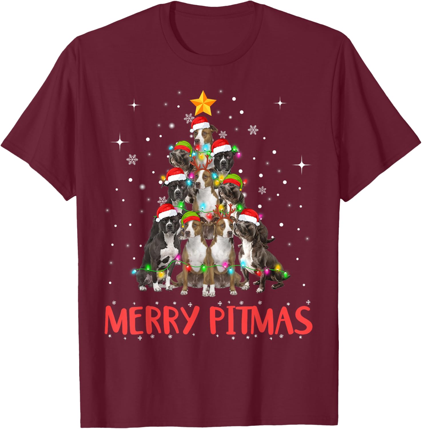 Merry Pitmas Pitbull Dog Ugly Christmas Sweater Tree Dogs T-Shirt - T-Shirt | Maroon