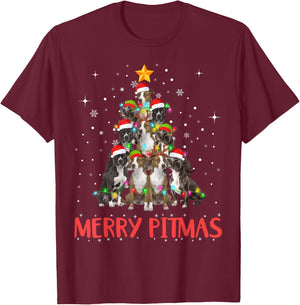 Merry Pitmas Pitbull Dog Ugly Christmas Sweater Tree Dogs T-Shirt - T-Shirt | Maroon