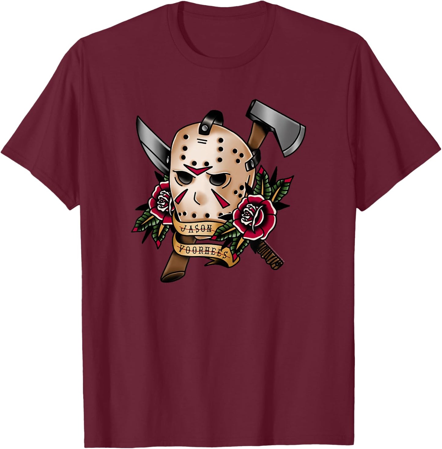 Friday The 13th Jason Classical Art Tattoo Style T-Shirt - T-Shirt | Maroon