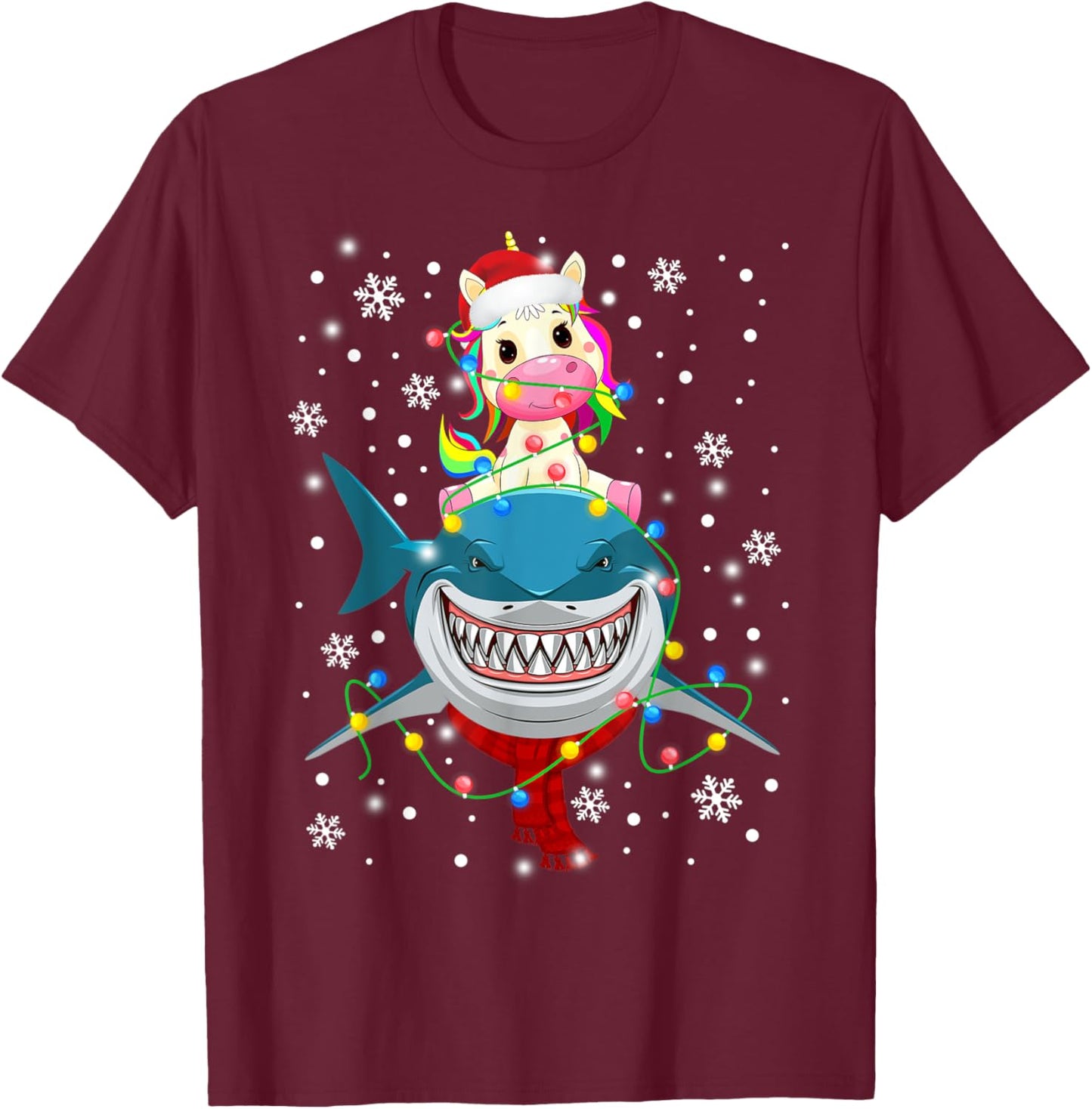 Unicorn Riding Shark Christmas Lights Gift Kids Boy Girl T-Shirt - T-Shirt | Maroon