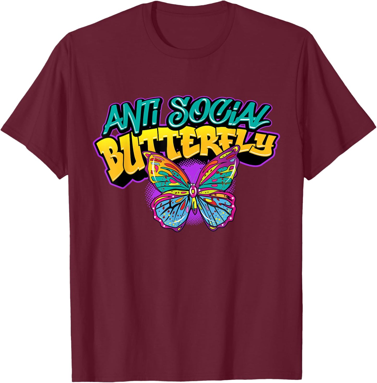 Retro Graffiti Art Colorful Antisocial Butterfly Introvert T-Shirt - T-Shirt | Maroon