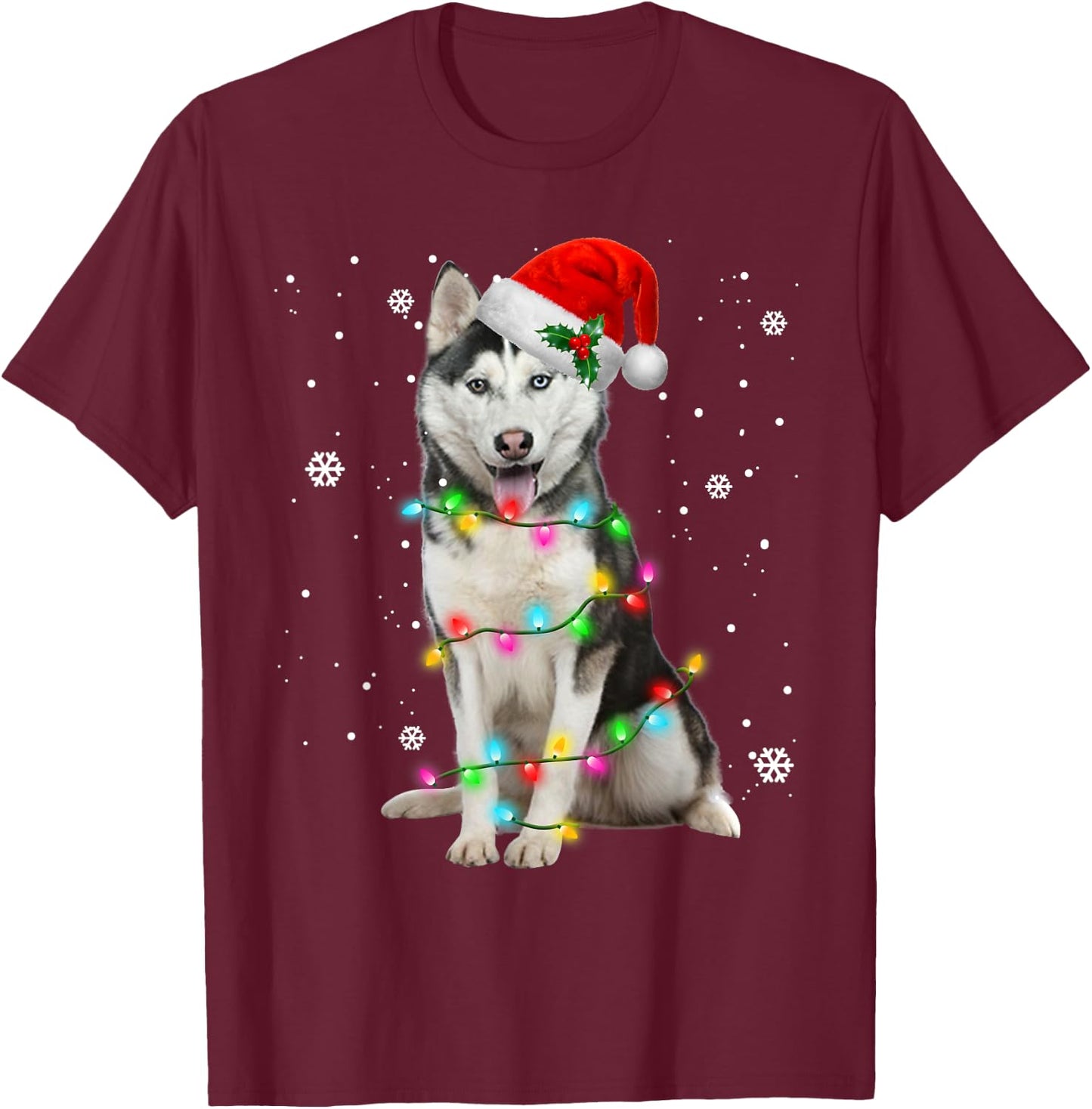 Husky Dog Santa Hat Christmas Tree Xmas Gifts For Dogs Lover Women Kids T-Shirt - T-Shirt | Maroon