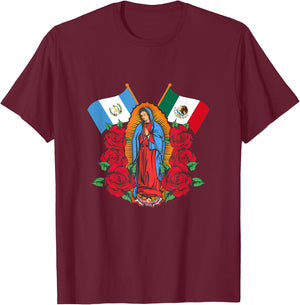 Virgen de Guadalupe con bandera de Guatemala y México T-Shirt - T-Shirt | Maroon