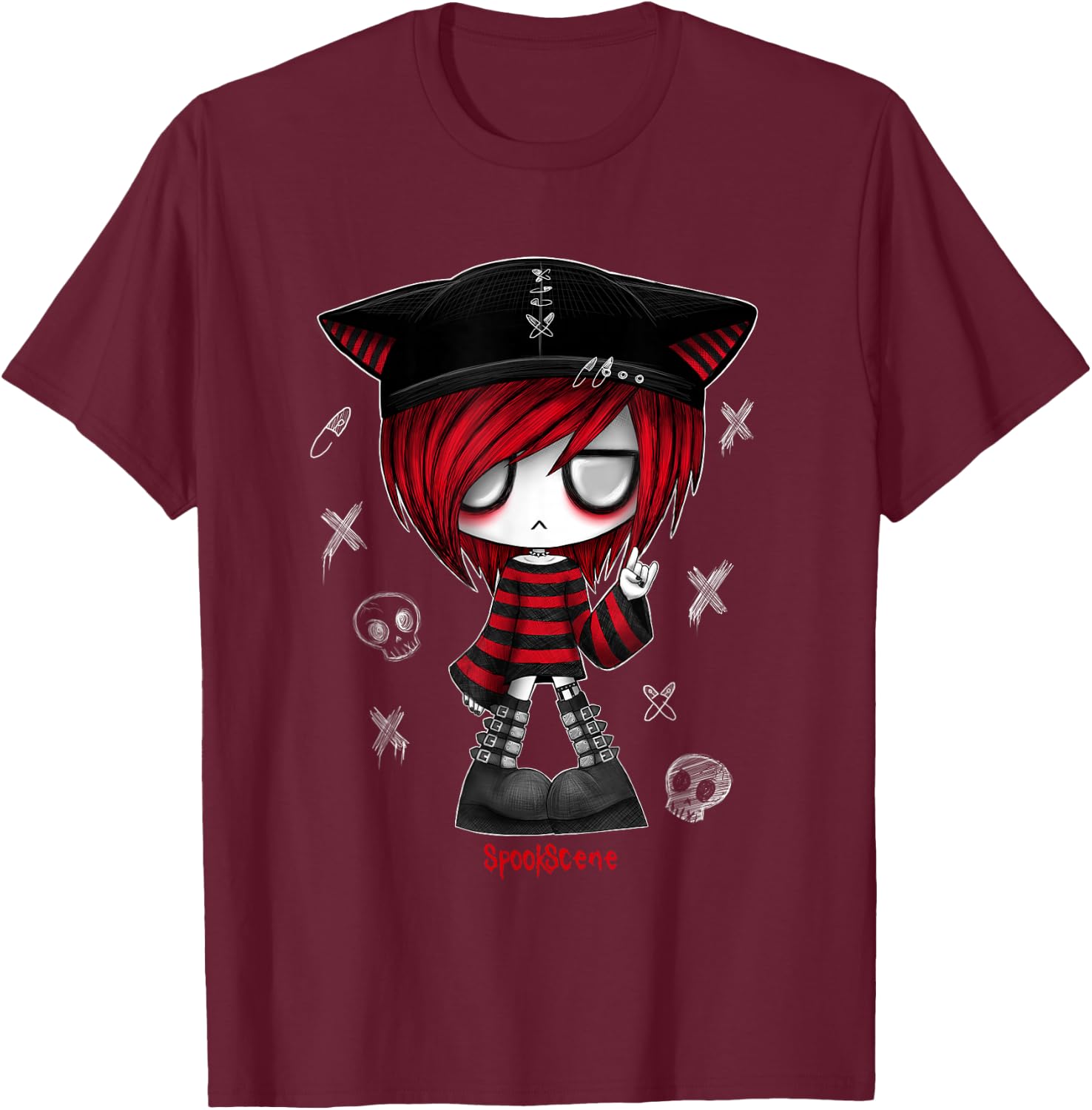 Spookscene Edgy Kitty Hat Scene Kid Emo Alt Goth Red T-Shirt - T-Shirt | Maroon