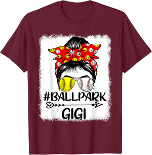 Messy Bun Hair BallPark Gigi Softball Baseball Mother's Day T-Shirt - T-Shirt | Maroon