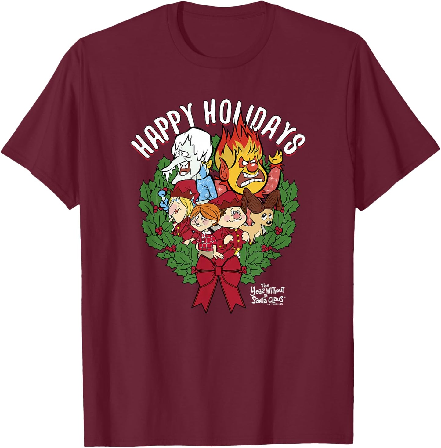 The Year Without A Santa Claus Group Shot Wreath Poster T-Shirt - T-Shirt | Maroon