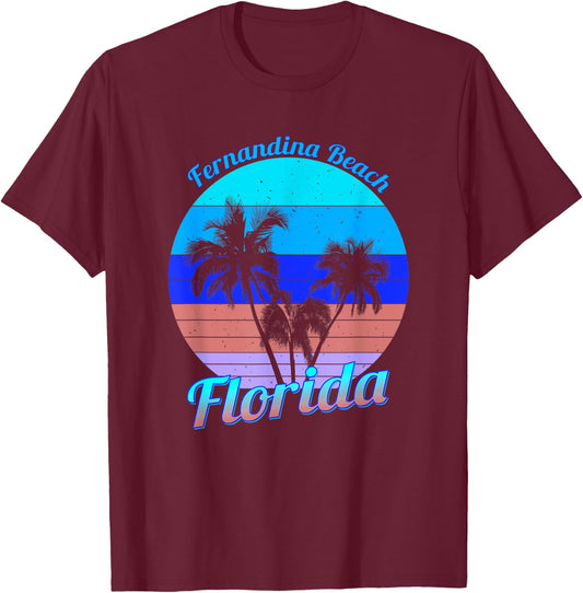 Fernandina Beach Florida Retro Tropical Palm Trees Vacation T-Shirt - T-Shirt | Maroon