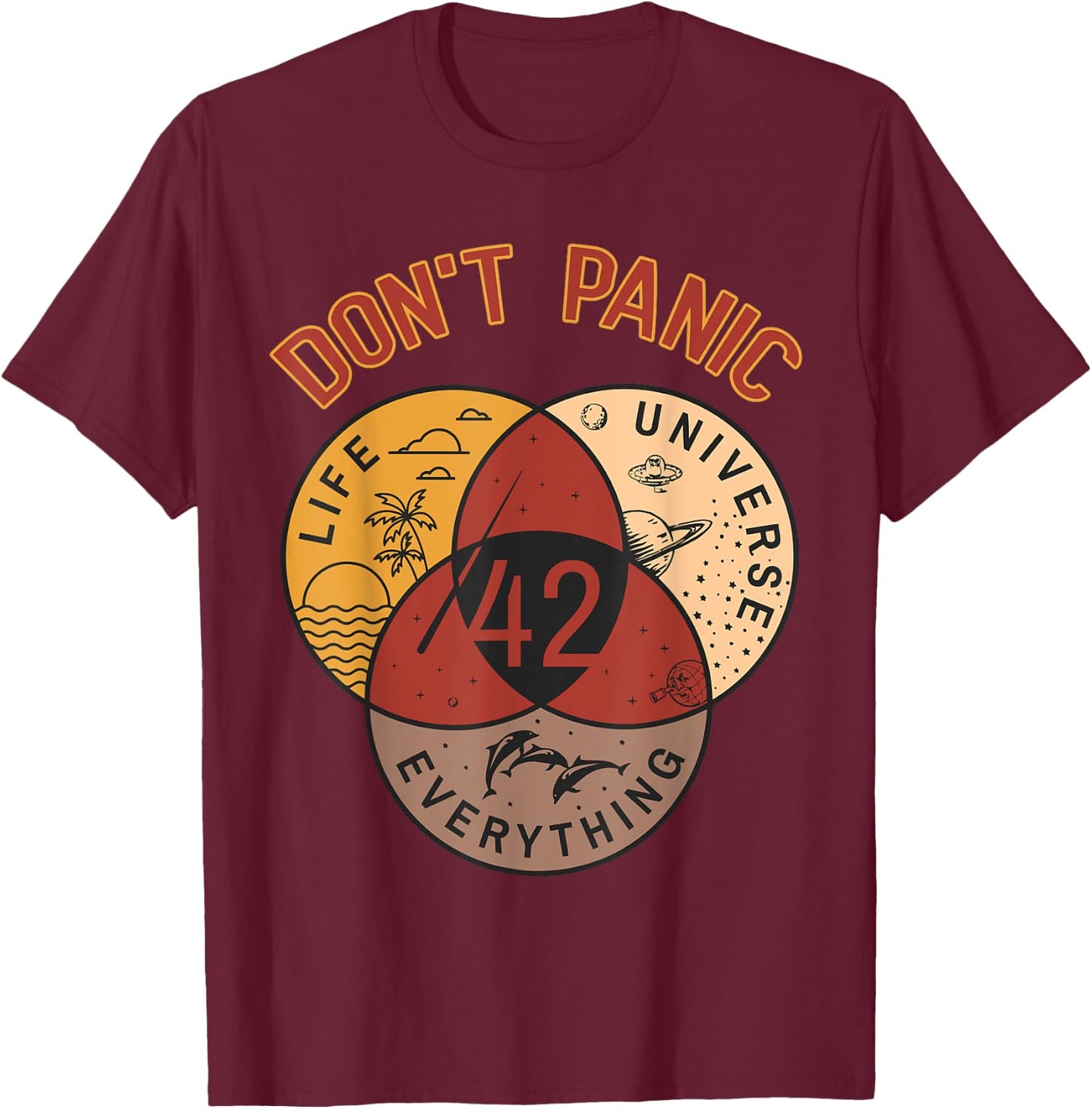 42 Answer to Life The Universe And Everything Don't Panic T-Shirt - T-Shirt | Maroon