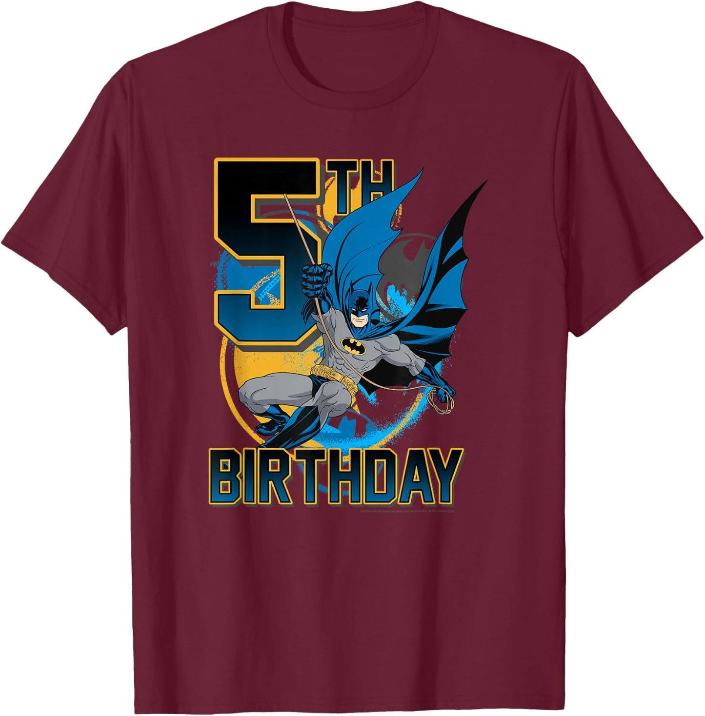 DC Comics Batman 5th Birthday Bat Swing Action Poster T-Shirt - T-Shirt | Maroon