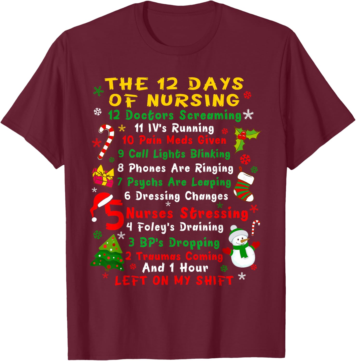 Nurse Christmas Funny 12 Day Nursing T-Shirt - T-Shirt | Maroon