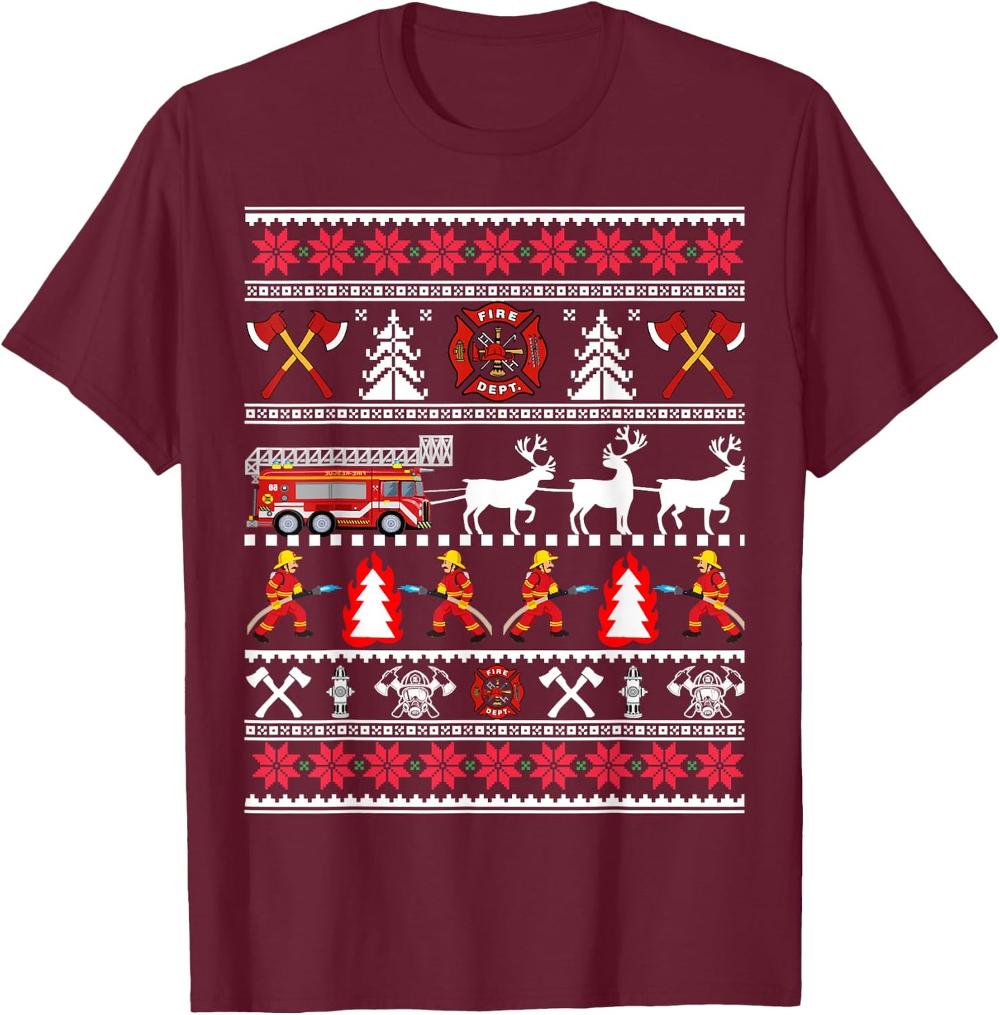 Firefighter Ugly Christmas Sweater, Fireman Fire Department T-Shirt - T-Shirt | Maroon