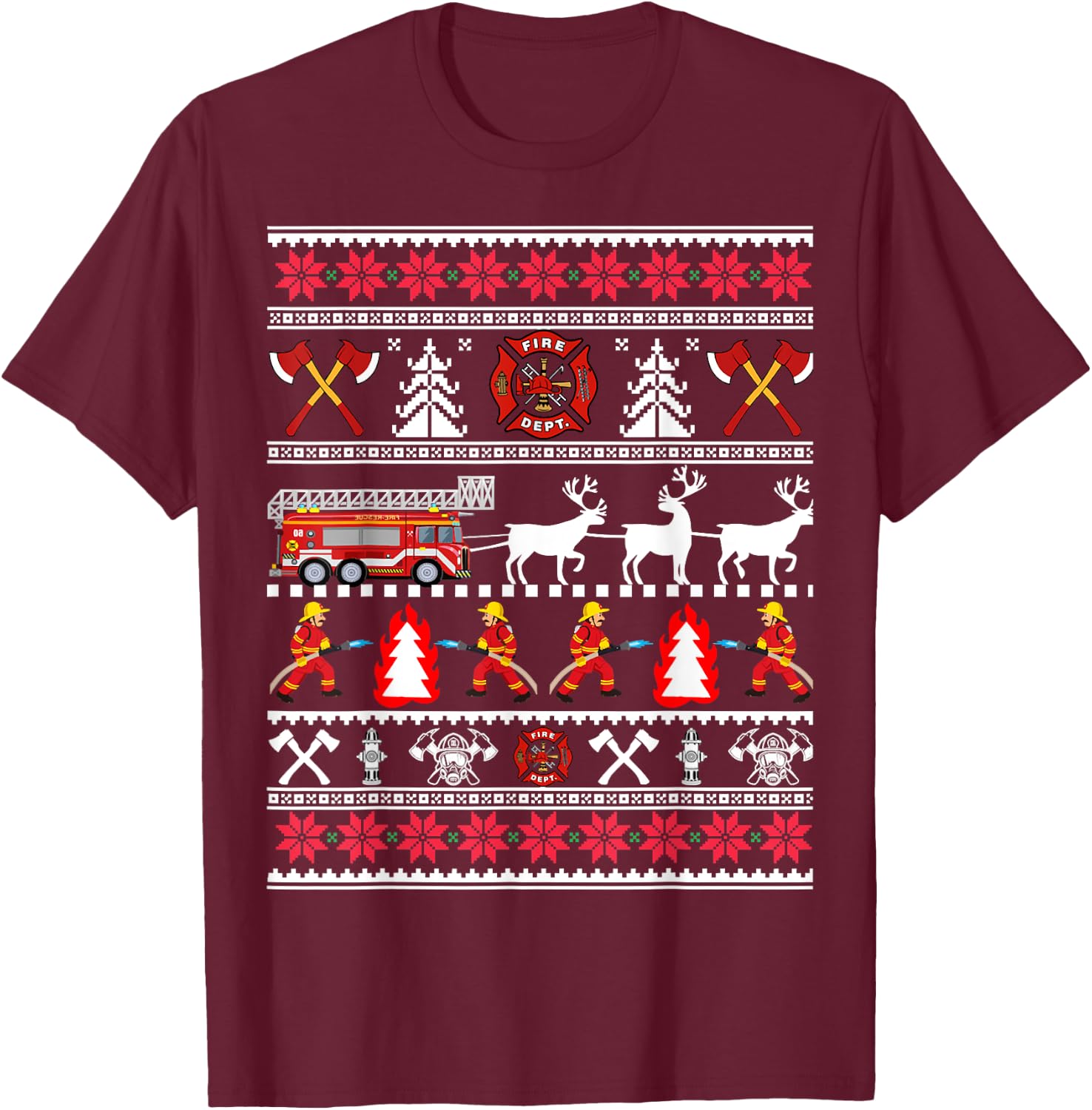 Firefighter Ugly Christmas Sweater, Fireman Fire Department T-Shirt - T-Shirt | Maroon