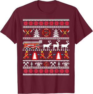 Firefighter Ugly Christmas Sweater, Fireman Fire Department T-Shirt - T-Shirt | Maroon
