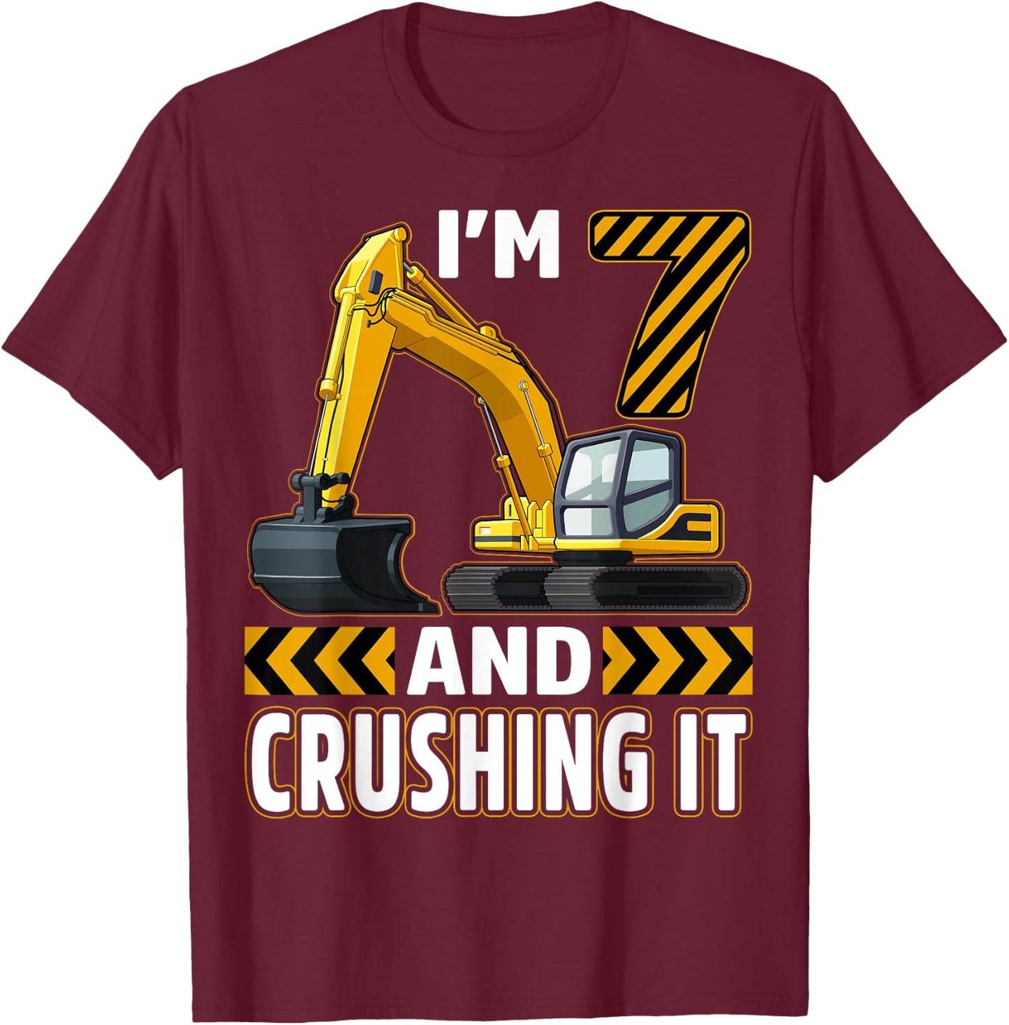 7 Year Old Construction Truck Excavator Birthday 7th B-day T-Shirt - T-Shirt | Maroon